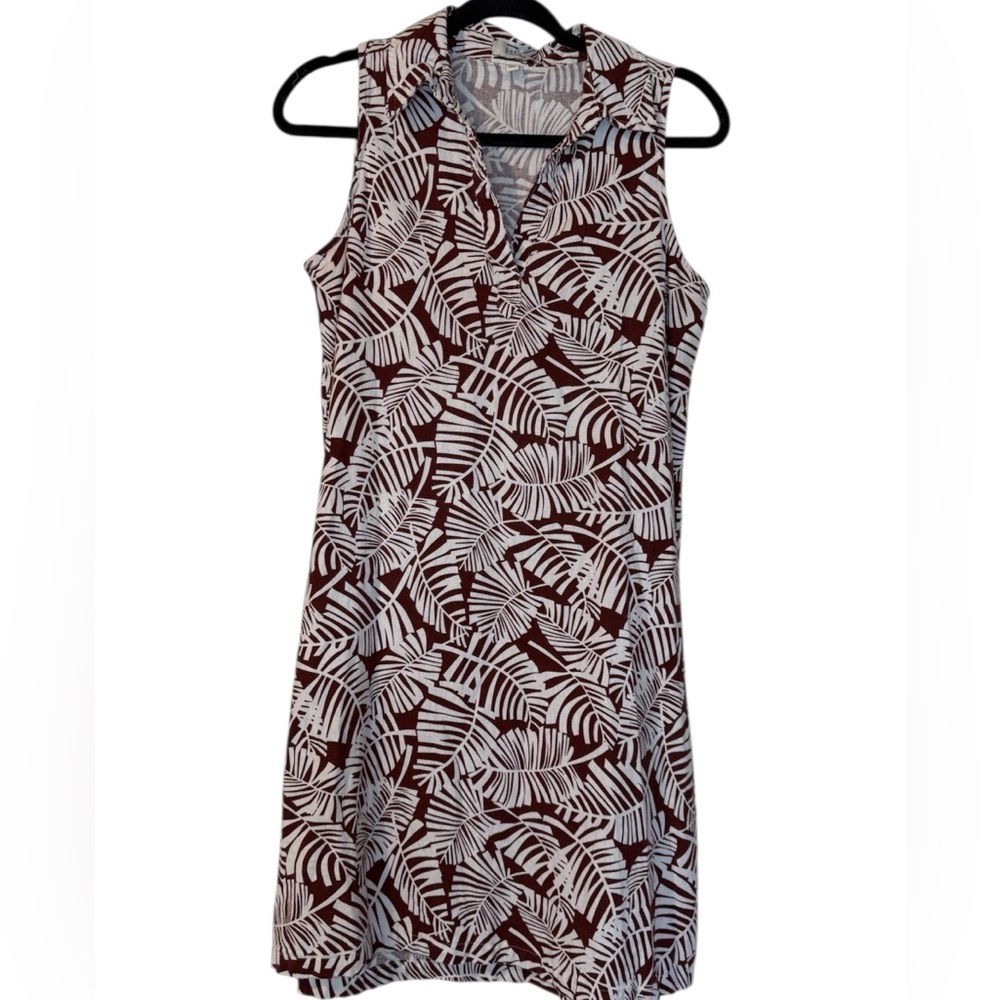 Per Se Brown and White Leaf-Print Sleeveless Dress